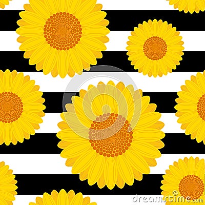 Summer seamless pattern with flowers on the black and white background. Vector Illustration